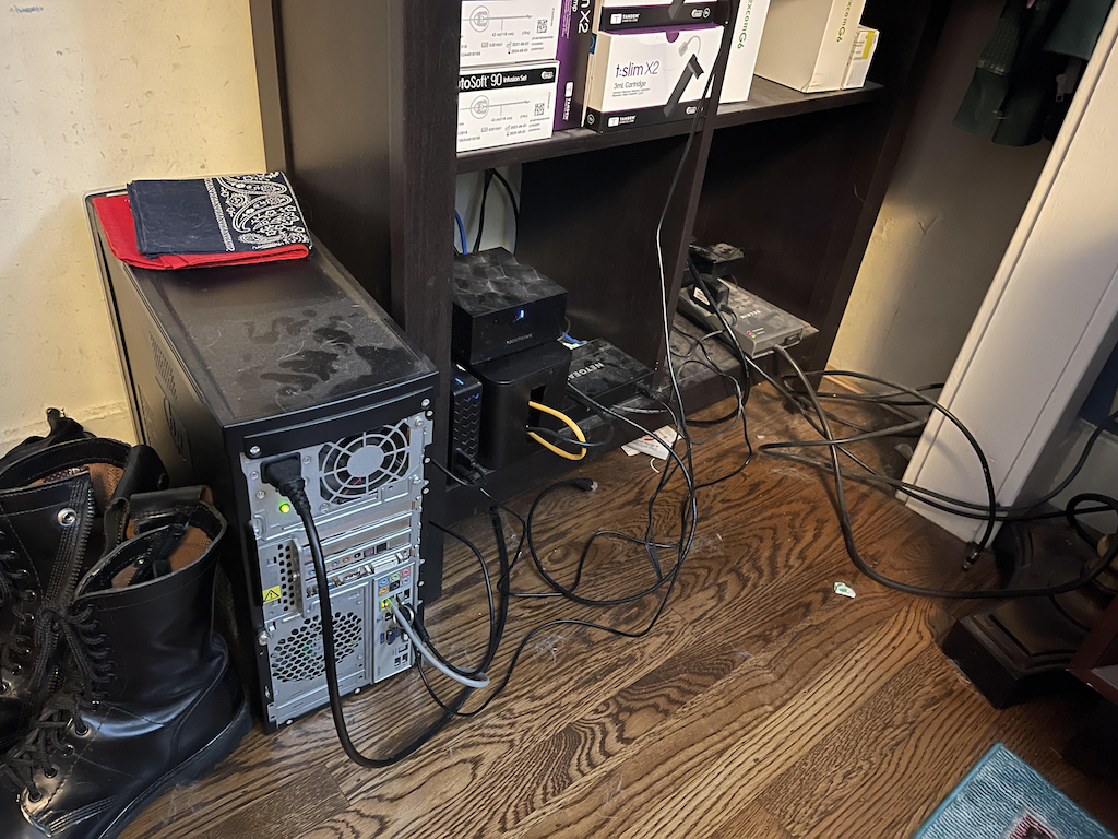 Cables and all, the <em>closet computer</em> in context. Corey asked me to dust first. Cables and all, the <em>closet computer</em> in context. Corey asked me to dust first.